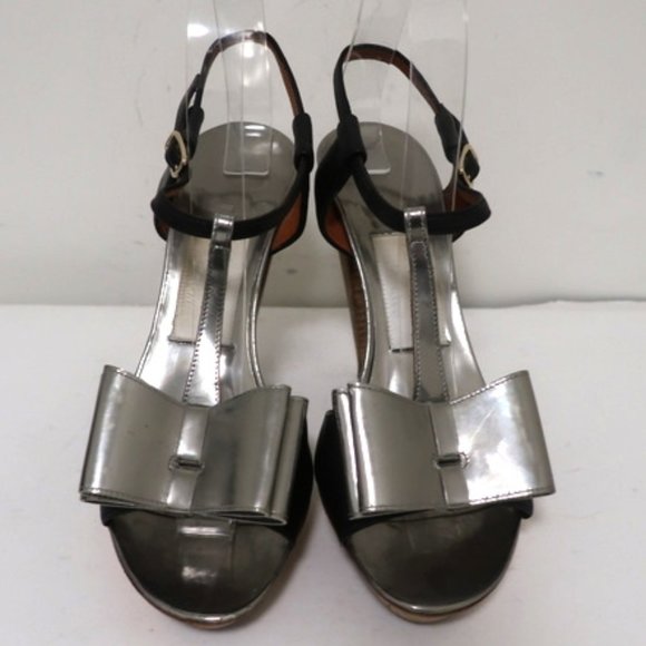Lanvin Bow T-Strap Sandals Silver & Black Size 37 - Picture 4 of 12